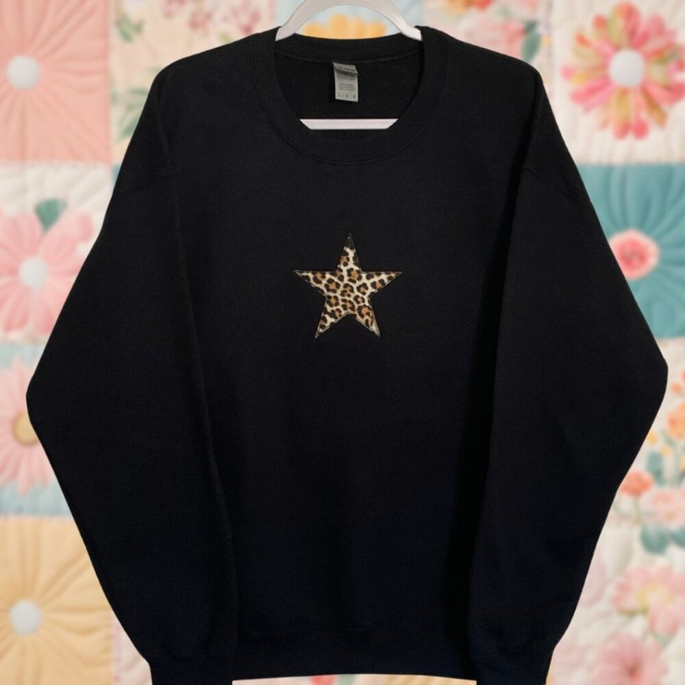 Star Patchwork Leopard Print Large Black Embroide… - image 1